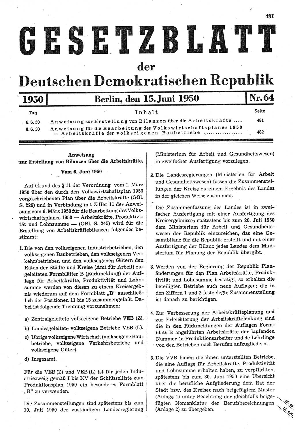 Gesetzblatt (GBl.) der Deutschen Demokratischen Republik (DDR) 1950, Seite 481 (GBl. DDR 1950, S. 481)