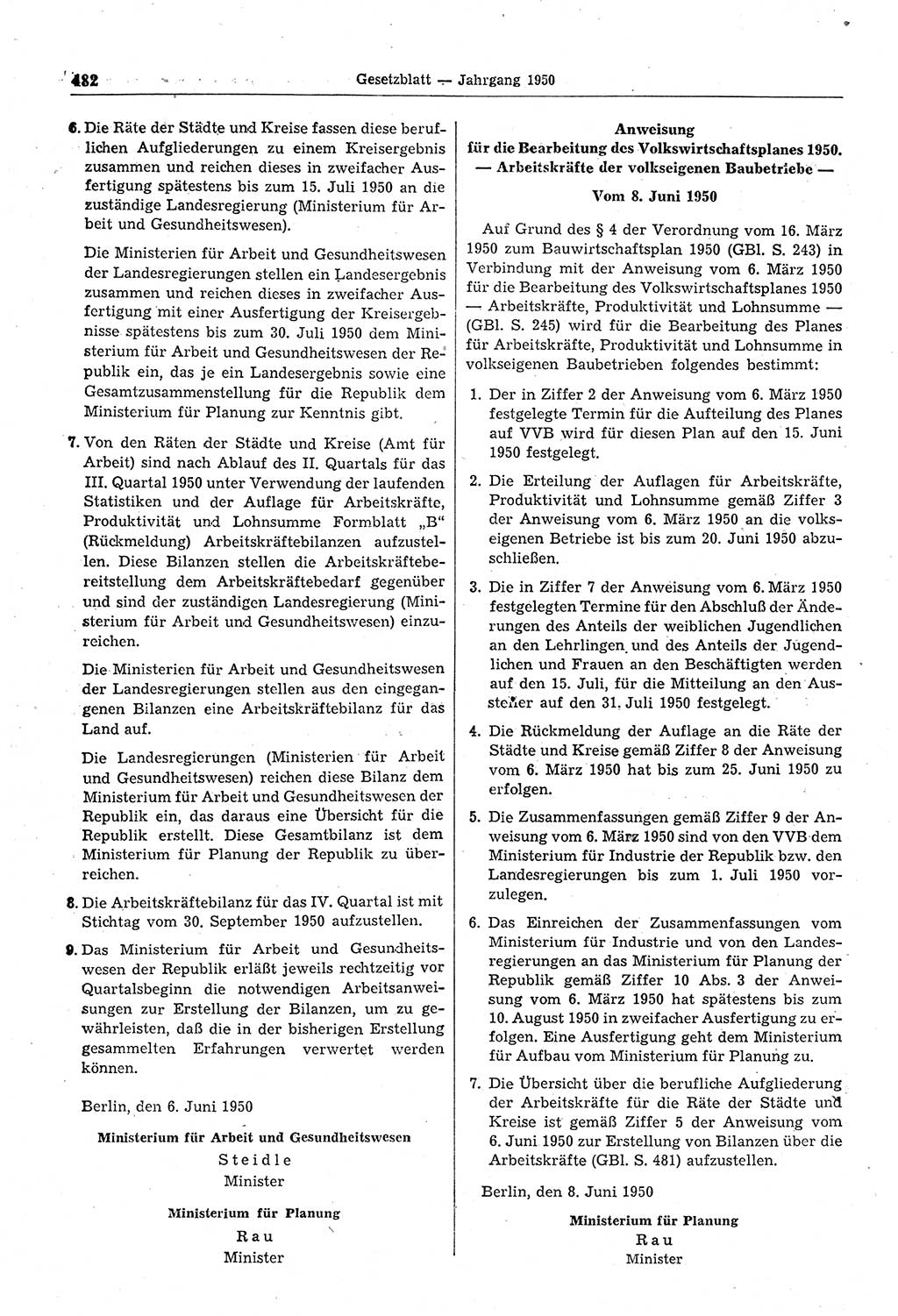 Gesetzblatt (GBl.) der Deutschen Demokratischen Republik (DDR) 1950, Seite 482 (GBl. DDR 1950, S. 482)