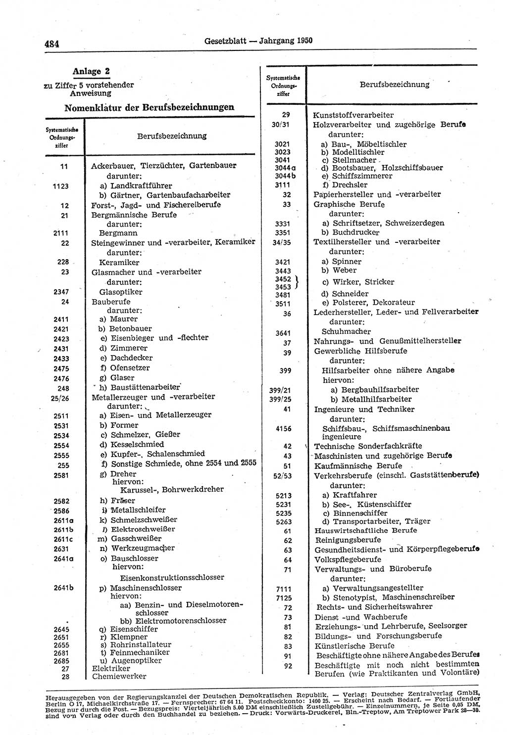 Gesetzblatt (GBl.) der Deutschen Demokratischen Republik (DDR) 1950, Seite 484 (GBl. DDR 1950, S. 484)