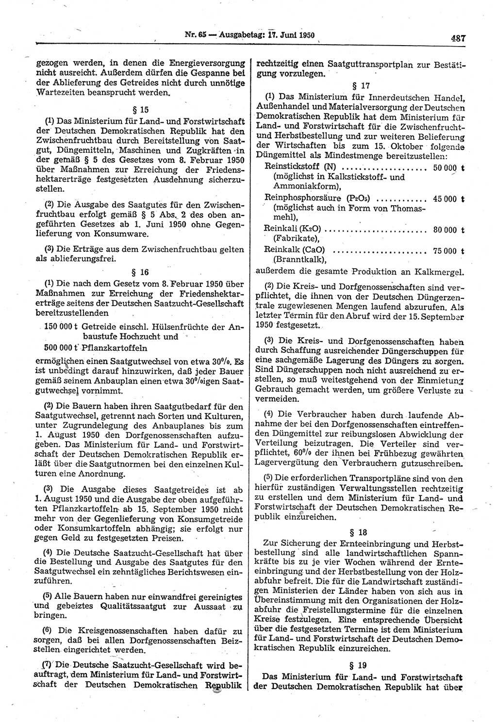 Gesetzblatt (GBl.) der Deutschen Demokratischen Republik (DDR) 1950, Seite 487 (GBl. DDR 1950, S. 487)