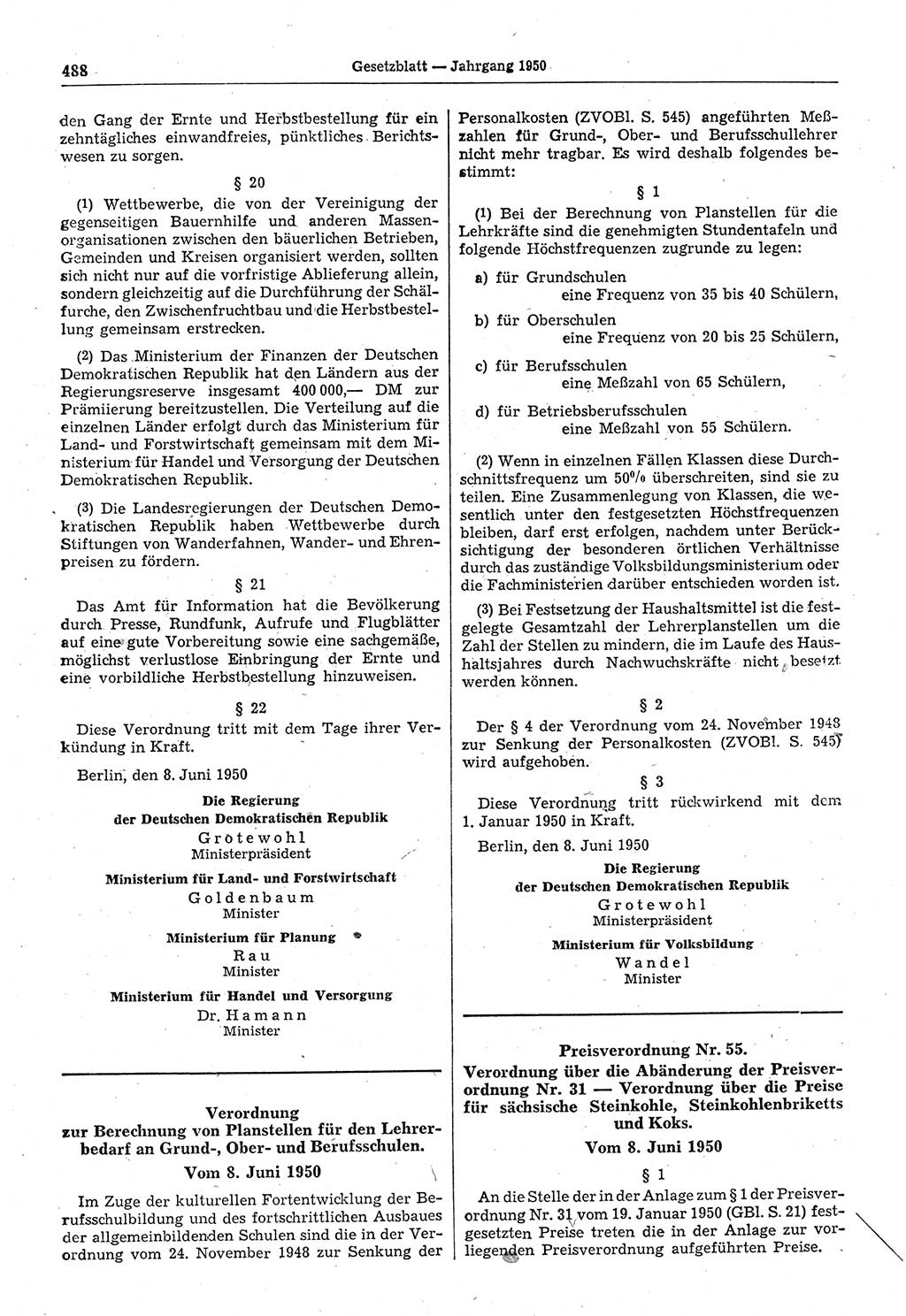 Gesetzblatt (GBl.) der Deutschen Demokratischen Republik (DDR) 1950, Seite 488 (GBl. DDR 1950, S. 488)