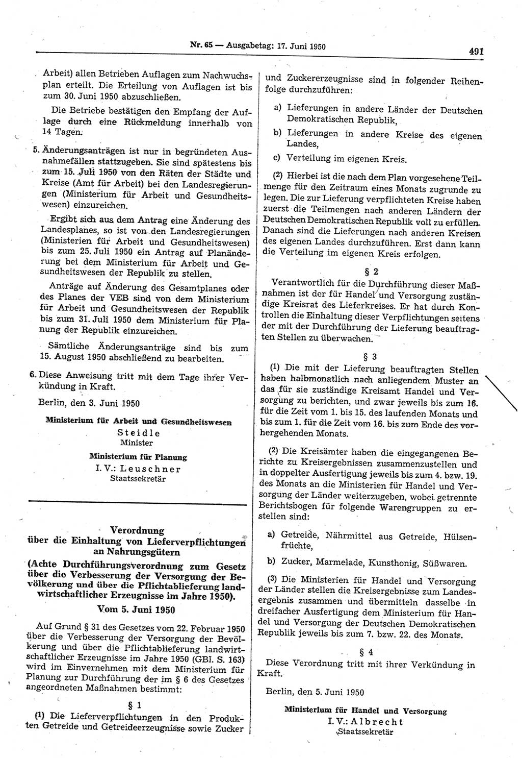 Gesetzblatt (GBl.) der Deutschen Demokratischen Republik (DDR) 1950, Seite 491 (GBl. DDR 1950, S. 491)