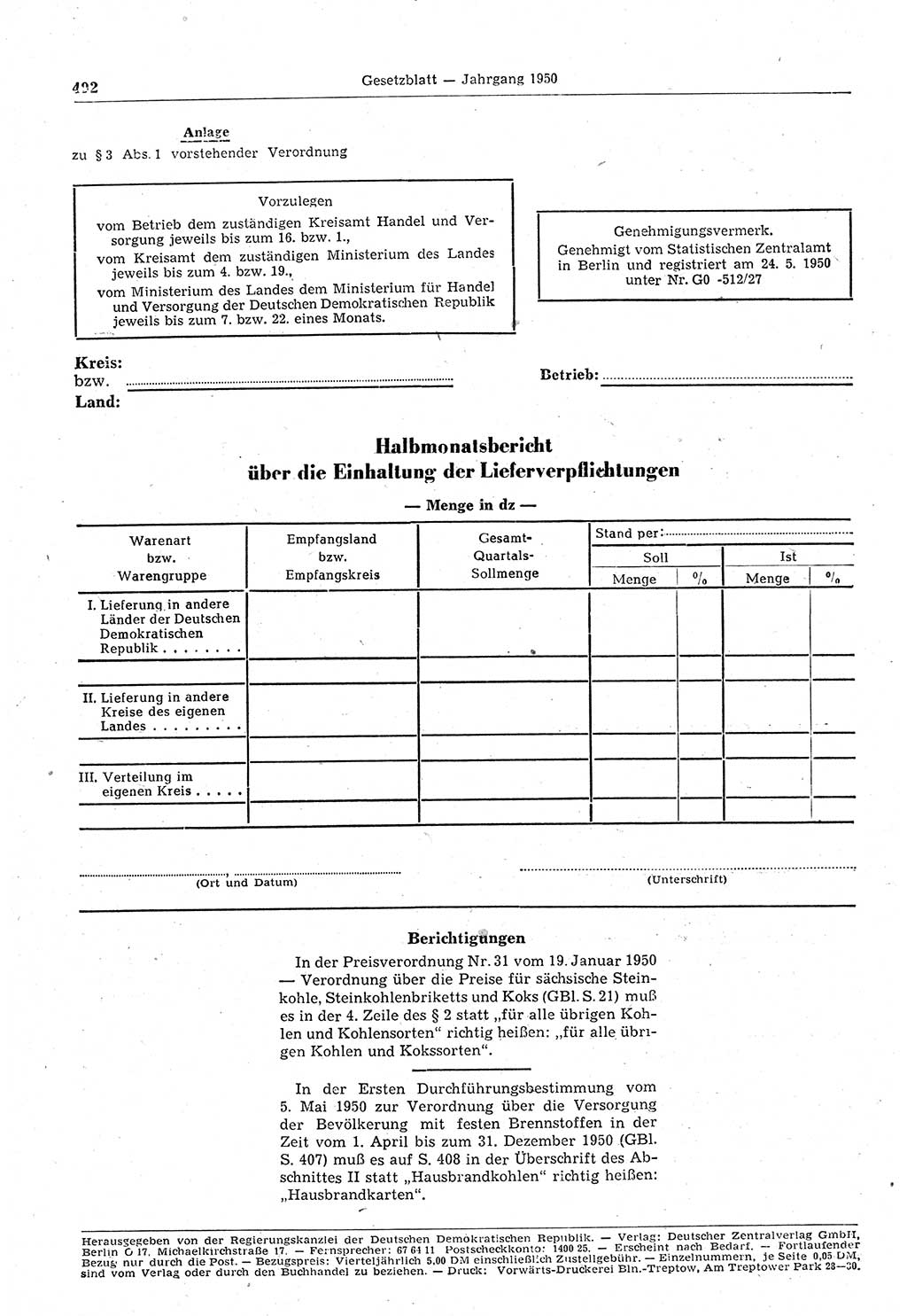 Gesetzblatt (GBl.) der Deutschen Demokratischen Republik (DDR) 1950, Seite 492 (GBl. DDR 1950, S. 492)