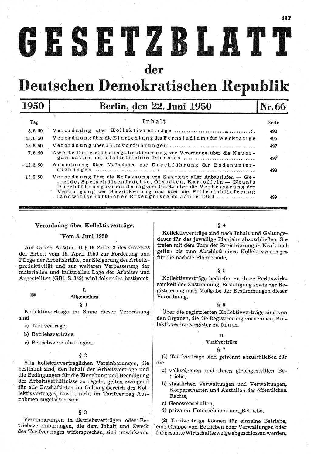 Gesetzblatt (GBl.) der Deutschen Demokratischen Republik (DDR) 1950, Seite 493 (GBl. DDR 1950, S. 493)