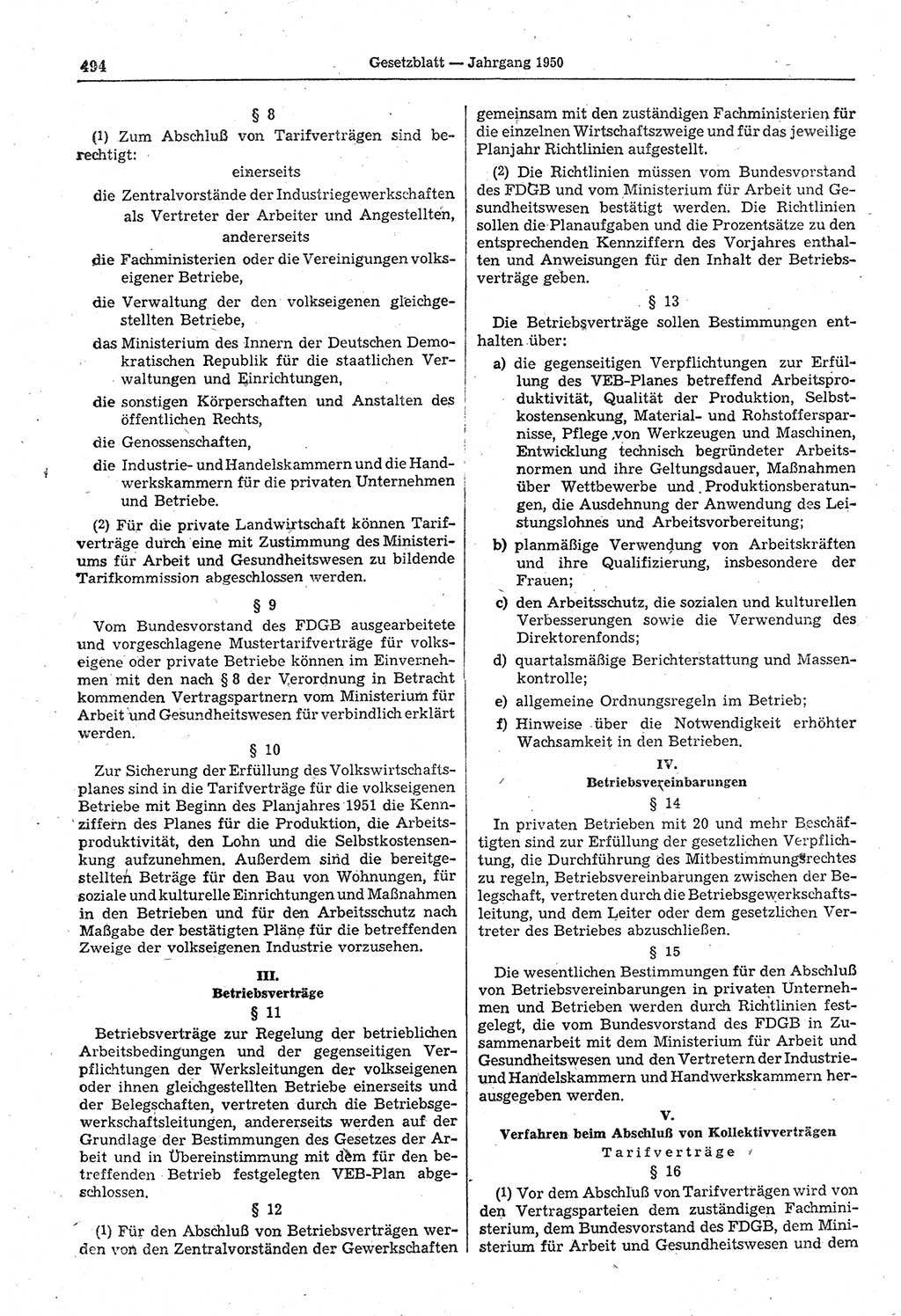 Gesetzblatt (GBl.) der Deutschen Demokratischen Republik (DDR) 1950, Seite 494 (GBl. DDR 1950, S. 494)
