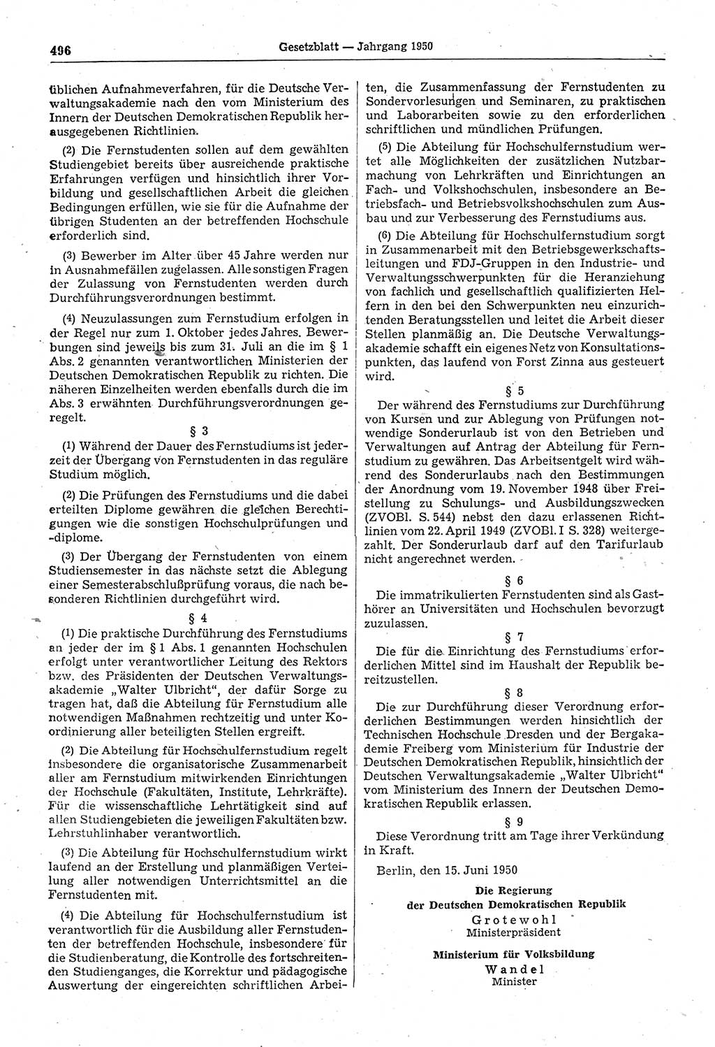 Gesetzblatt (GBl.) der Deutschen Demokratischen Republik (DDR) 1950, Seite 496 (GBl. DDR 1950, S. 496)