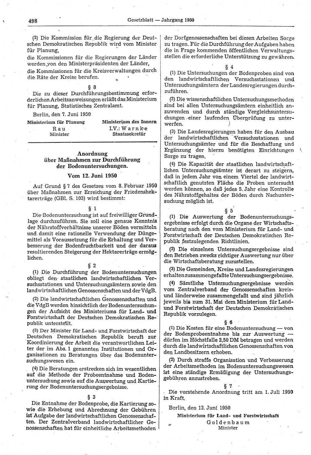 Gesetzblatt (GBl.) der Deutschen Demokratischen Republik (DDR) 1950, Seite 498 (GBl. DDR 1950, S. 498)
