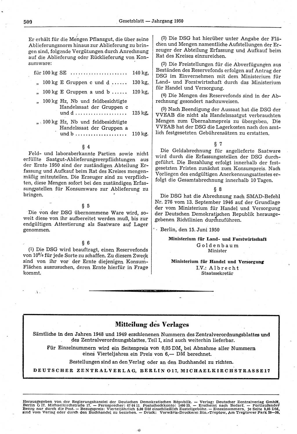 Gesetzblatt (GBl.) der Deutschen Demokratischen Republik (DDR) 1950, Seite 500 (GBl. DDR 1950, S. 500)