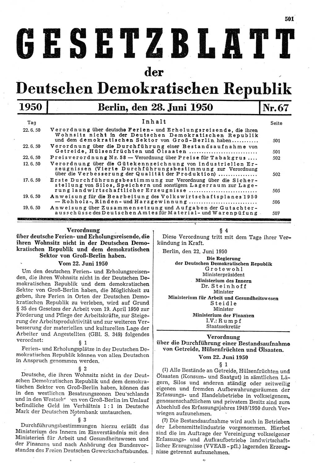 Gesetzblatt (GBl.) der Deutschen Demokratischen Republik (DDR) 1950, Seite 501 (GBl. DDR 1950, S. 501)