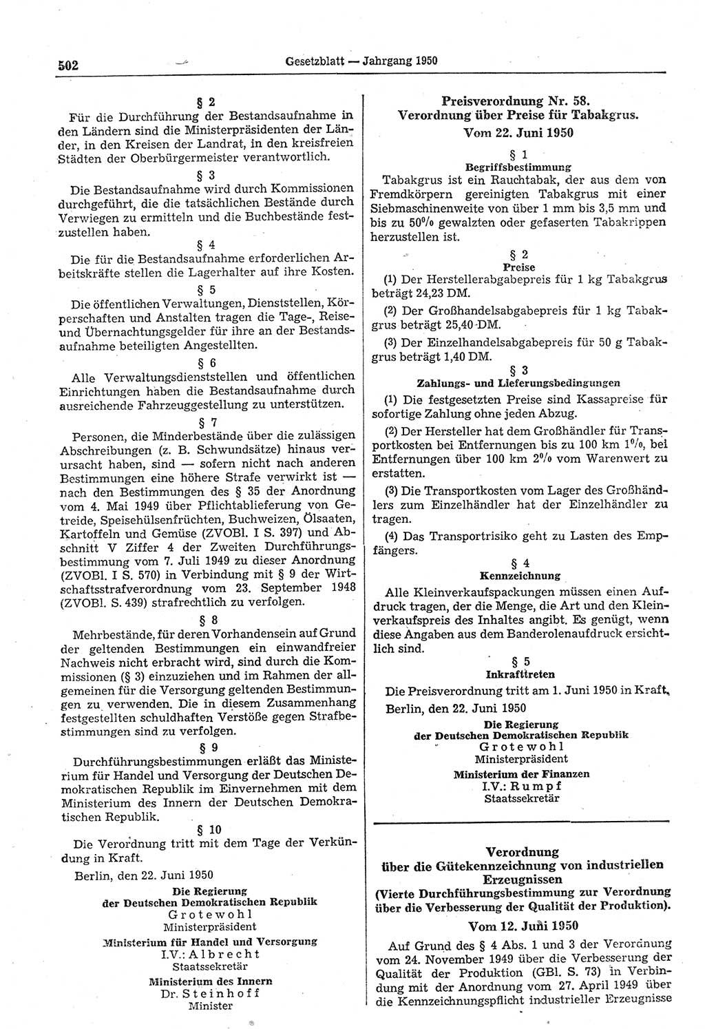 Gesetzblatt (GBl.) der Deutschen Demokratischen Republik (DDR) 1950, Seite 502 (GBl. DDR 1950, S. 502)