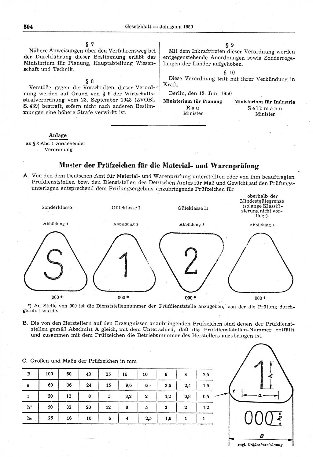 Gesetzblatt (GBl.) der Deutschen Demokratischen Republik (DDR) 1950, Seite 504 (GBl. DDR 1950, S. 504)