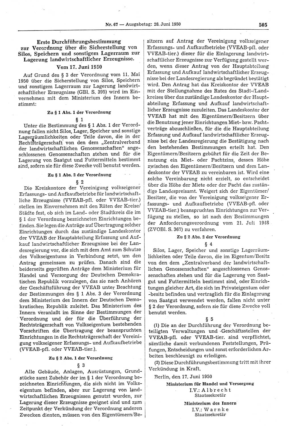 Gesetzblatt (GBl.) der Deutschen Demokratischen Republik (DDR) 1950, Seite 505 (GBl. DDR 1950, S. 505)