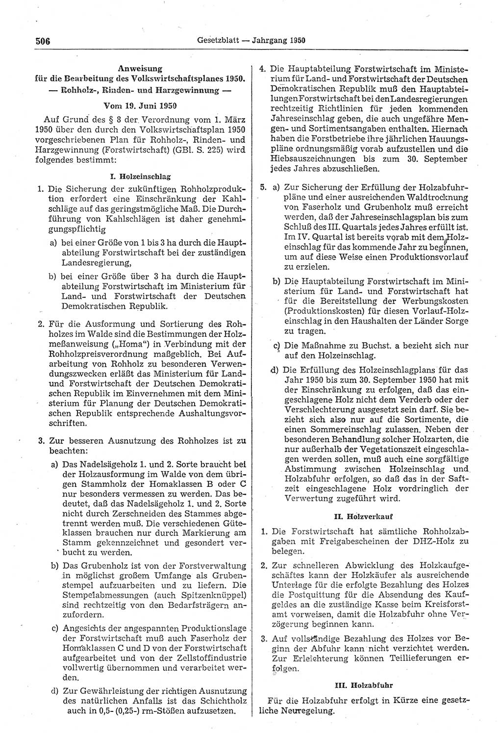 Gesetzblatt (GBl.) der Deutschen Demokratischen Republik (DDR) 1950, Seite 506 (GBl. DDR 1950, S. 506)