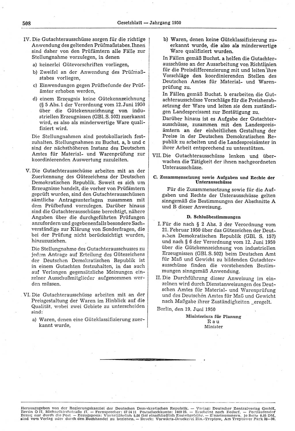 Gesetzblatt (GBl.) der Deutschen Demokratischen Republik (DDR) 1950, Seite 508 (GBl. DDR 1950, S. 508)