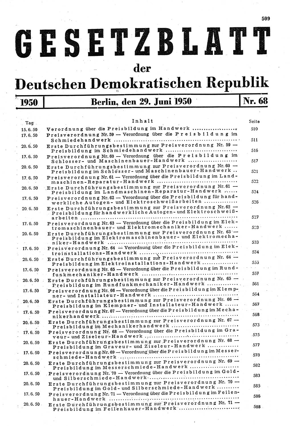 Gesetzblatt (GBl.) der Deutschen Demokratischen Republik (DDR) 1950, Seite 509 (GBl. DDR 1950, S. 509)