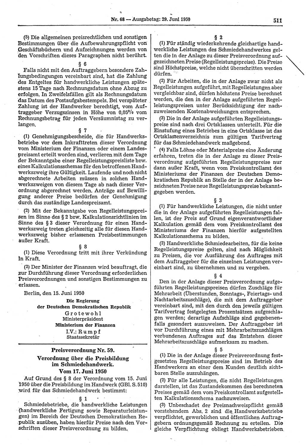 Gesetzblatt (GBl.) der Deutschen Demokratischen Republik (DDR) 1950, Seite 511 (GBl. DDR 1950, S. 511)