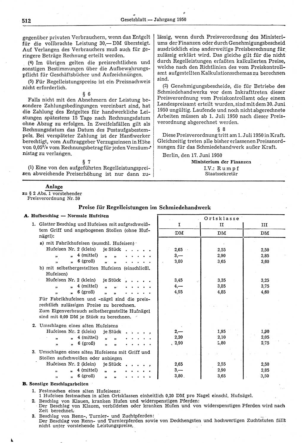 Gesetzblatt (GBl.) der Deutschen Demokratischen Republik (DDR) 1950, Seite 512 (GBl. DDR 1950, S. 512)