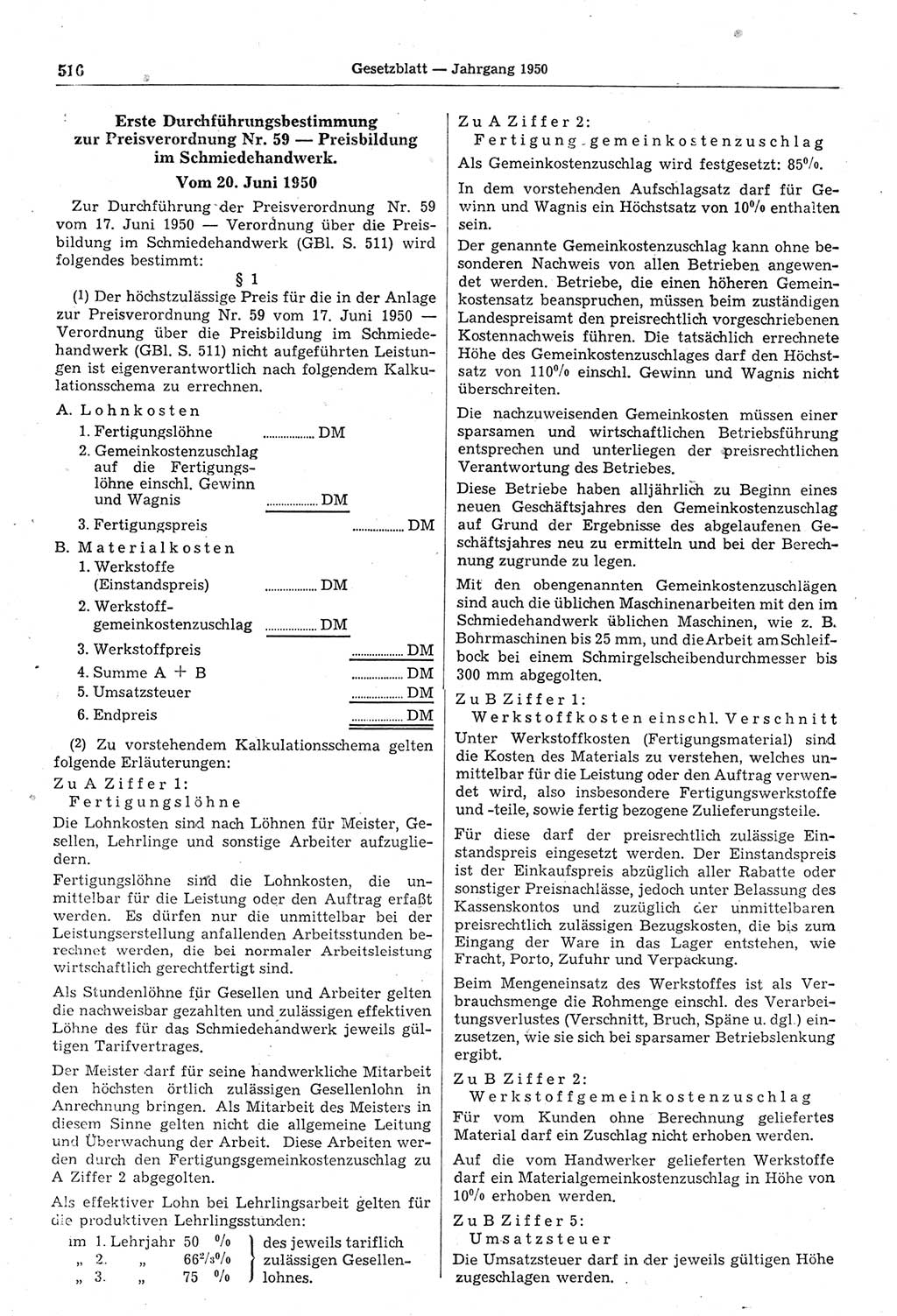 Gesetzblatt (GBl.) der Deutschen Demokratischen Republik (DDR) 1950, Seite 516 (GBl. DDR 1950, S. 516)