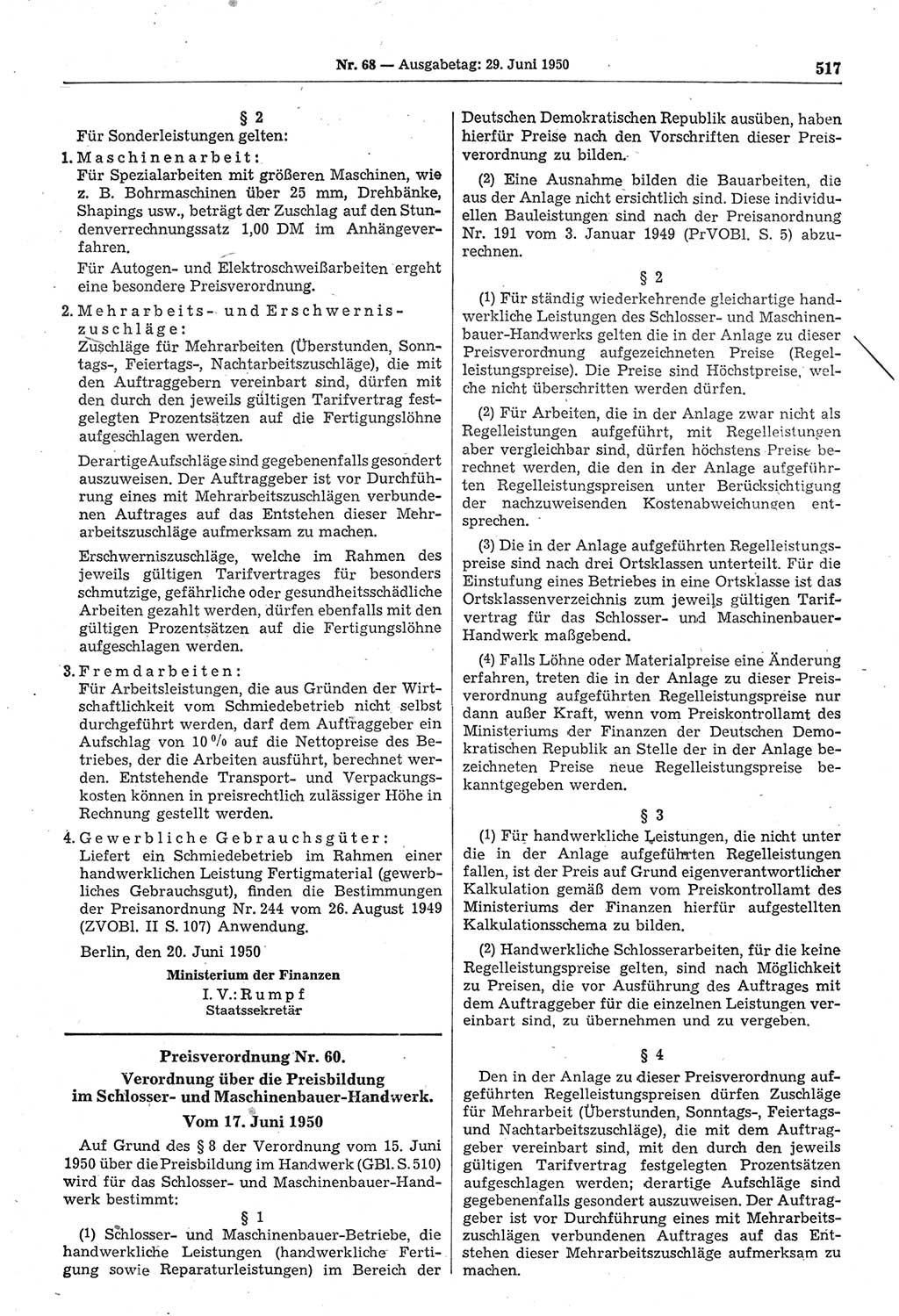 Gesetzblatt (GBl.) der Deutschen Demokratischen Republik (DDR) 1950, Seite 517 (GBl. DDR 1950, S. 517)