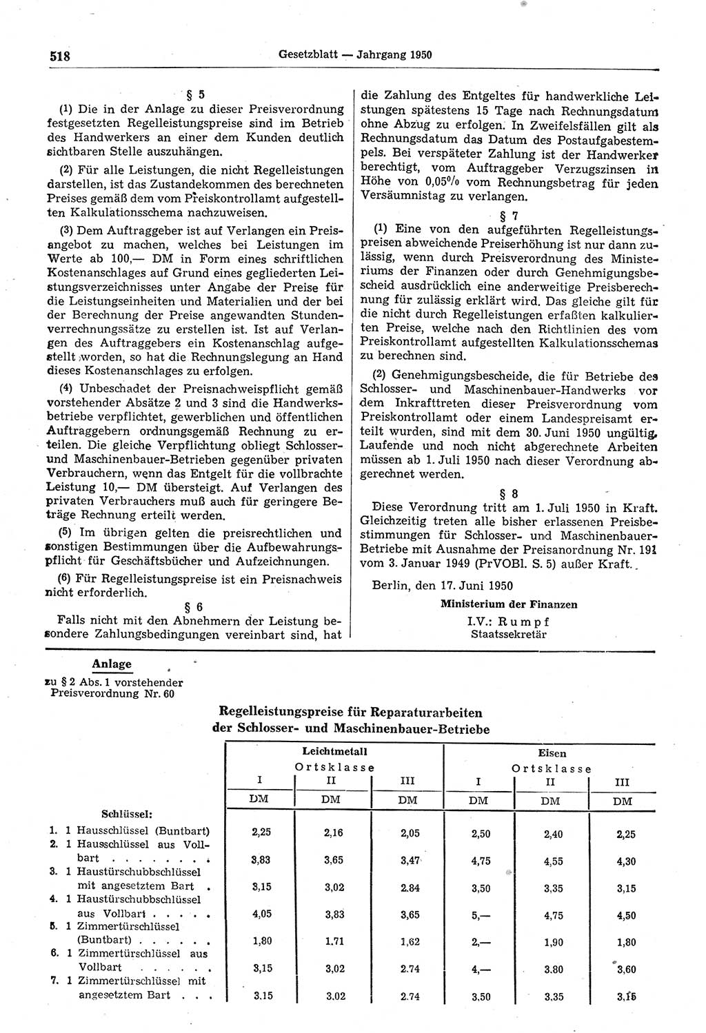 Gesetzblatt (GBl.) der Deutschen Demokratischen Republik (DDR) 1950, Seite 518 (GBl. DDR 1950, S. 518)