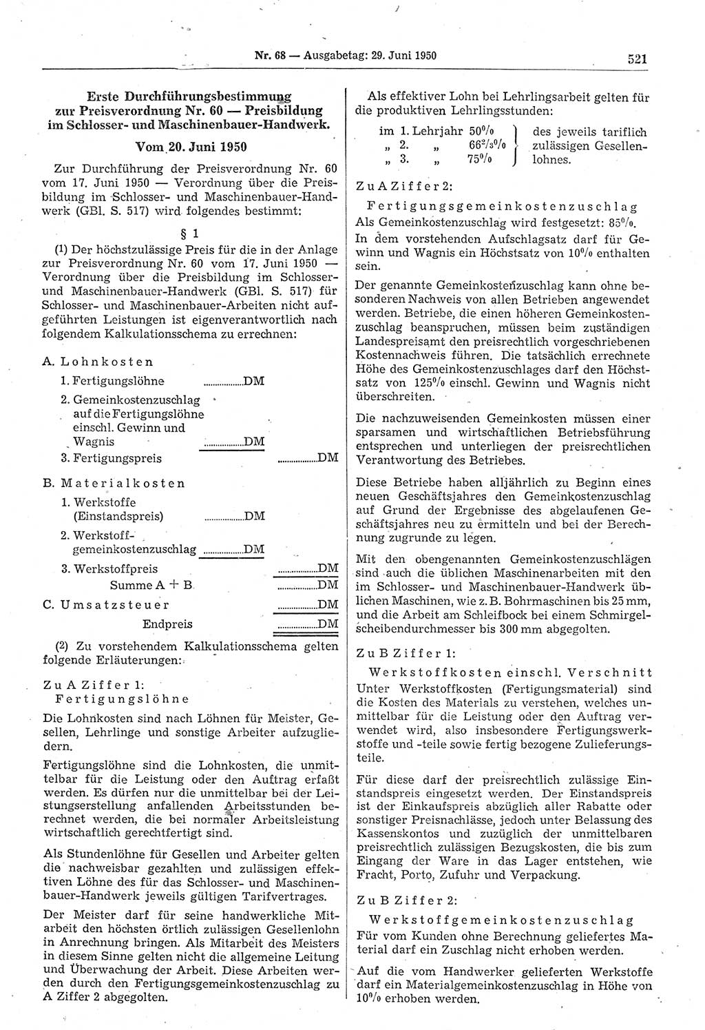 Gesetzblatt (GBl.) der Deutschen Demokratischen Republik (DDR) 1950, Seite 521 (GBl. DDR 1950, S. 521)