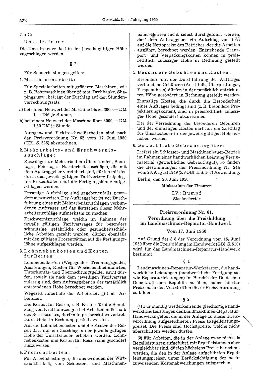 Gesetzblatt (GBl.) der Deutschen Demokratischen Republik (DDR) 1950, Seite 522 (GBl. DDR 1950, S. 522)