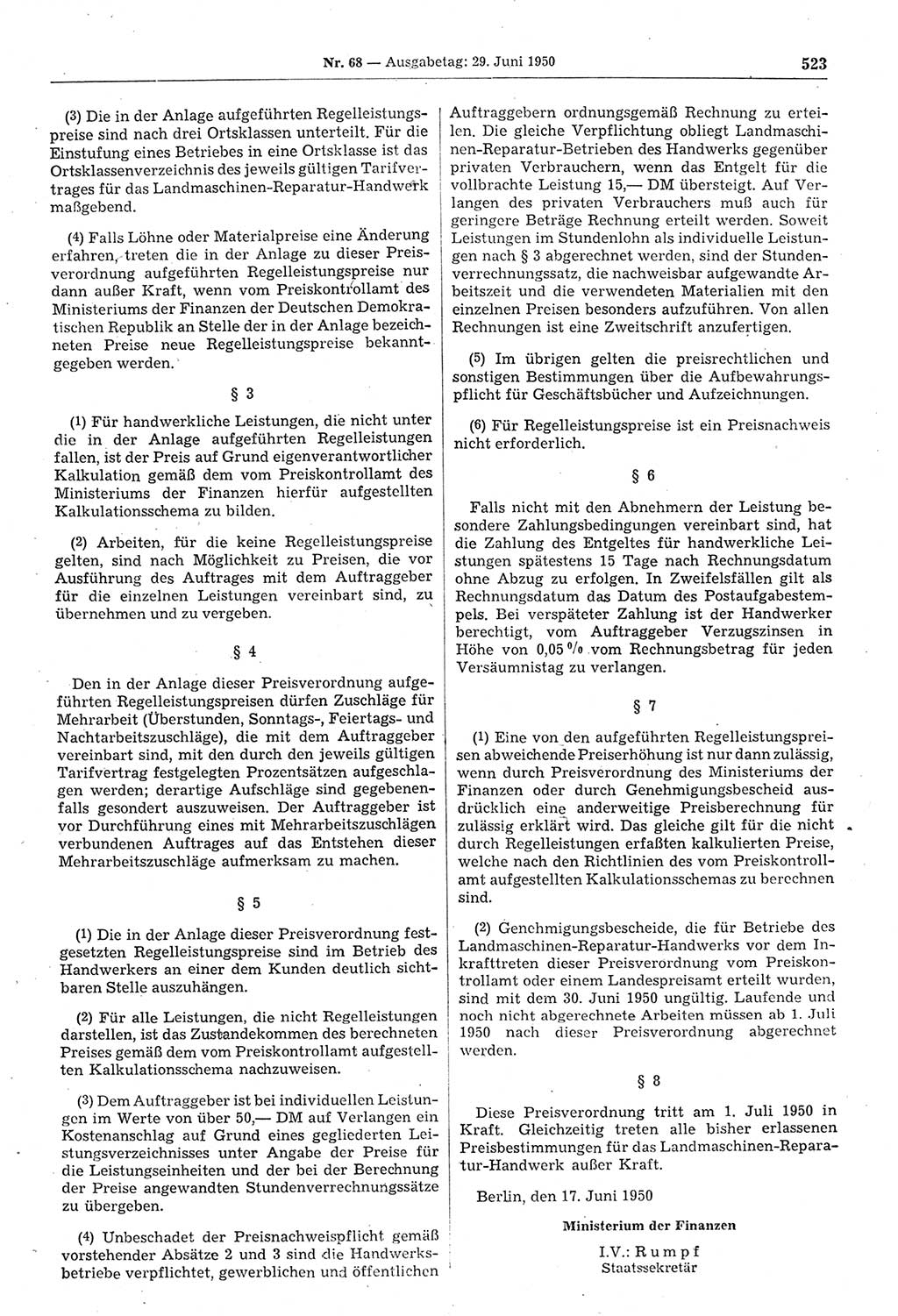 Gesetzblatt (GBl.) der Deutschen Demokratischen Republik (DDR) 1950, Seite 523 (GBl. DDR 1950, S. 523)