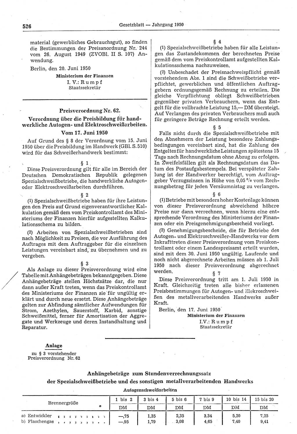 Gesetzblatt (GBl.) der Deutschen Demokratischen Republik (DDR) 1950, Seite 526 (GBl. DDR 1950, S. 526)