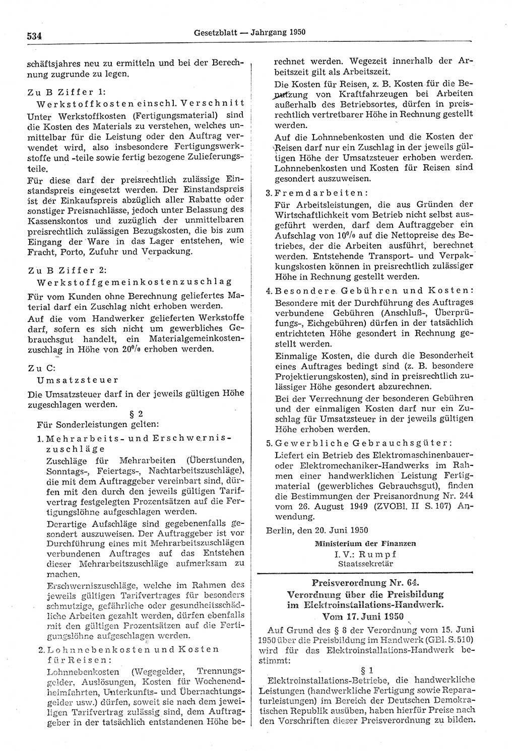 Gesetzblatt (GBl.) der Deutschen Demokratischen Republik (DDR) 1950, Seite 534 (GBl. DDR 1950, S. 534)