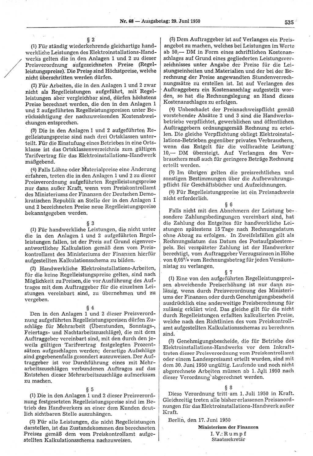 Gesetzblatt (GBl.) der Deutschen Demokratischen Republik (DDR) 1950, Seite 535 (GBl. DDR 1950, S. 535)