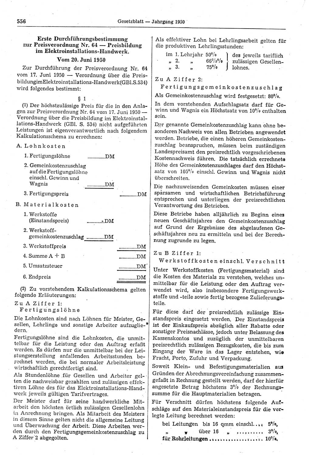 Gesetzblatt (GBl.) der Deutschen Demokratischen Republik (DDR) 1950, Seite 556 (GBl. DDR 1950, S. 556)