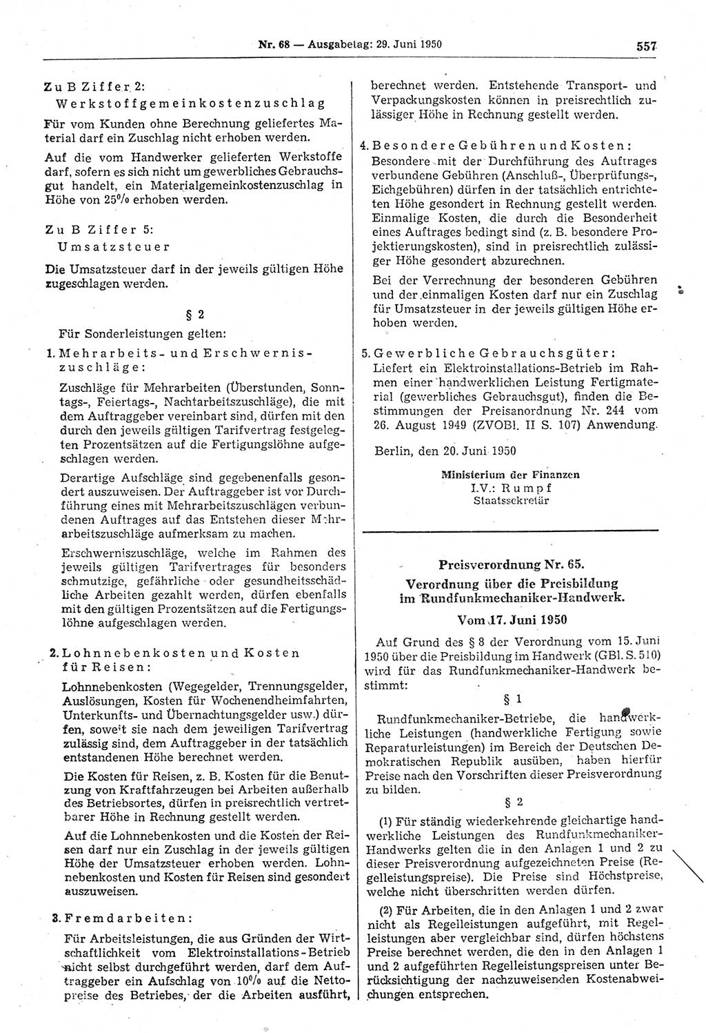 Gesetzblatt (GBl.) der Deutschen Demokratischen Republik (DDR) 1950, Seite 557 (GBl. DDR 1950, S. 557)