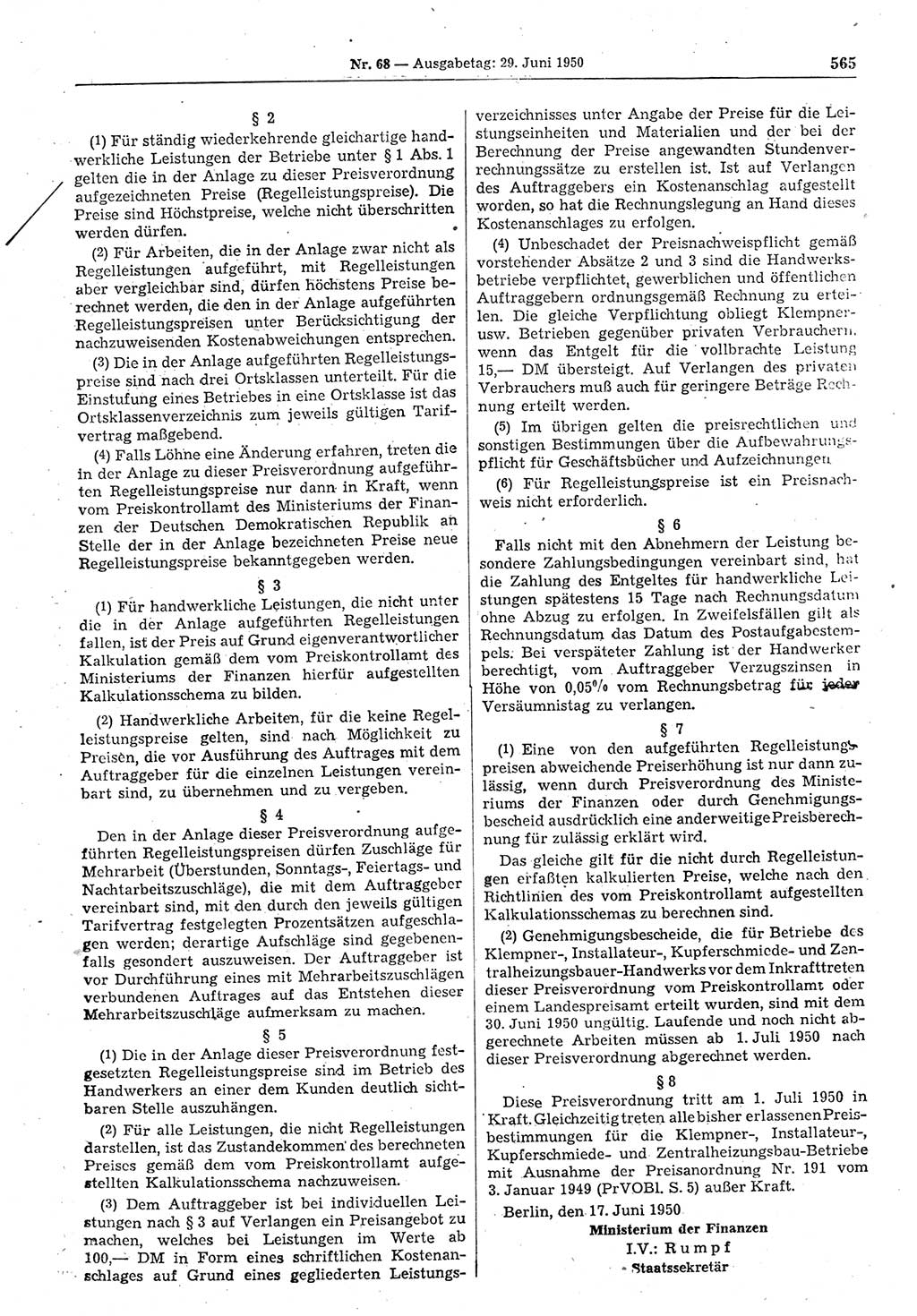 Gesetzblatt (GBl.) der Deutschen Demokratischen Republik (DDR) 1950, Seite 565 (GBl. DDR 1950, S. 565)