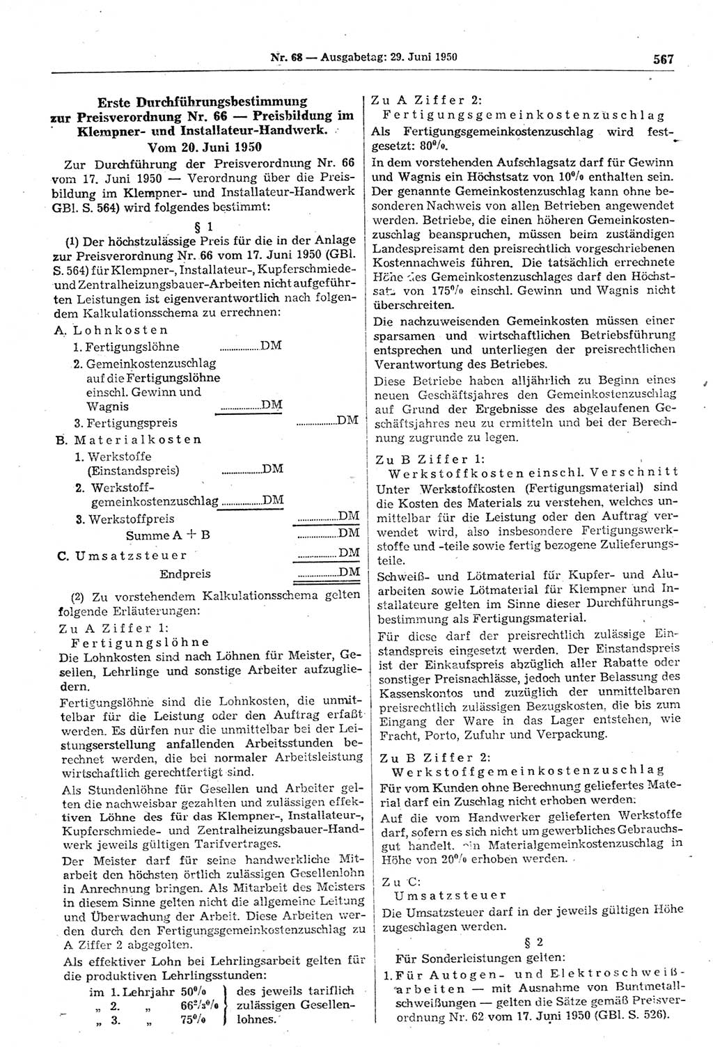 Gesetzblatt (GBl.) der Deutschen Demokratischen Republik (DDR) 1950, Seite 567 (GBl. DDR 1950, S. 567)