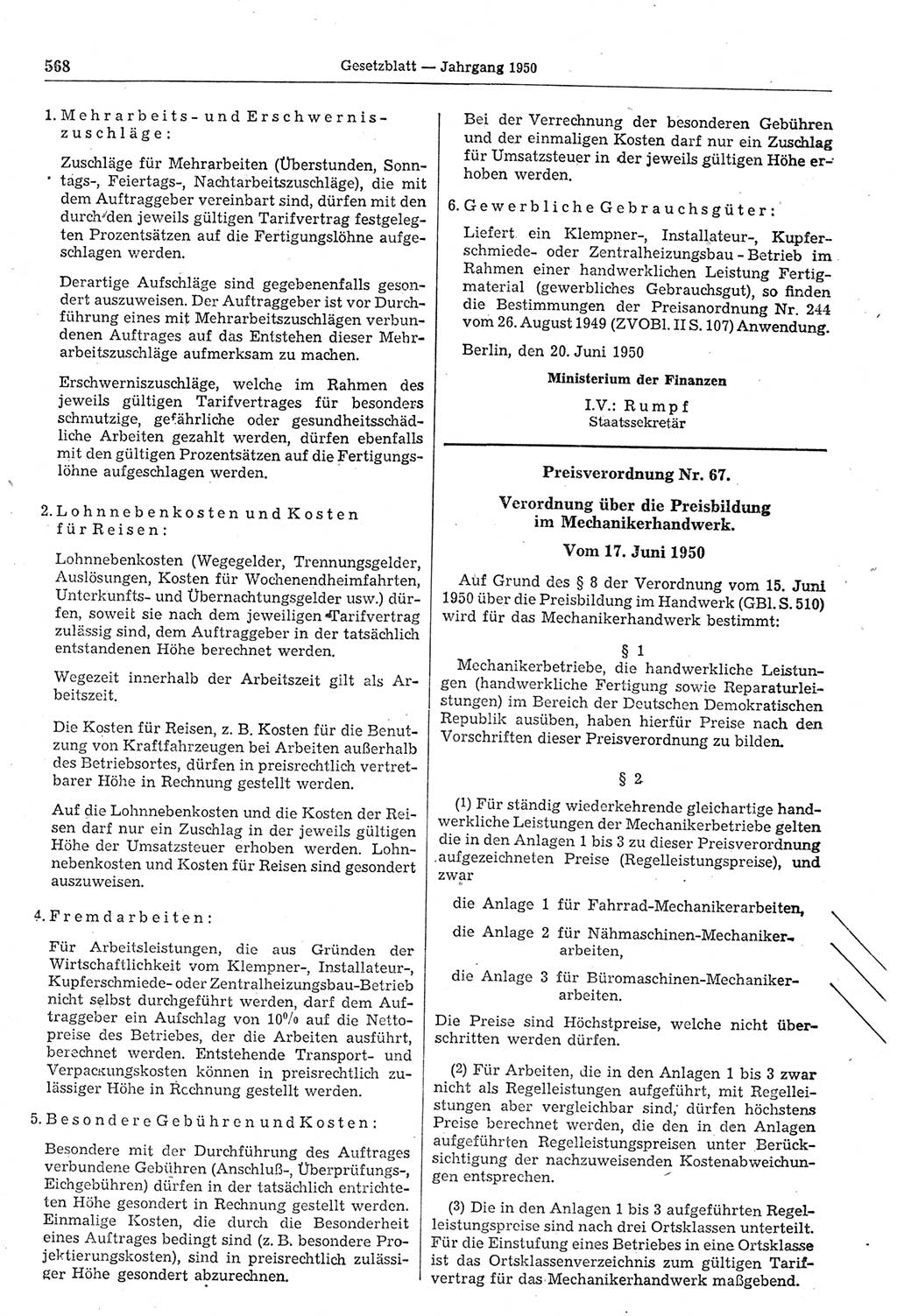 Gesetzblatt (GBl.) der Deutschen Demokratischen Republik (DDR) 1950, Seite 568 (GBl. DDR 1950, S. 568)