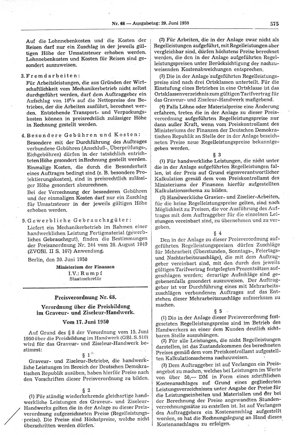 Gesetzblatt (GBl.) der Deutschen Demokratischen Republik (DDR) 1950, Seite 575 (GBl. DDR 1950, S. 575)
