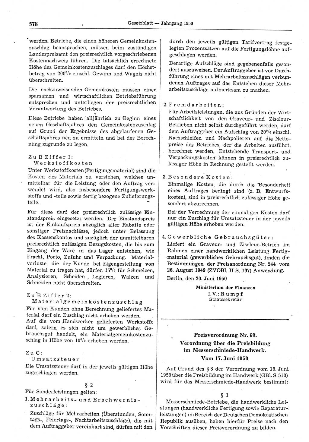 Gesetzblatt (GBl.) der Deutschen Demokratischen Republik (DDR) 1950, Seite 578 (GBl. DDR 1950, S. 578)