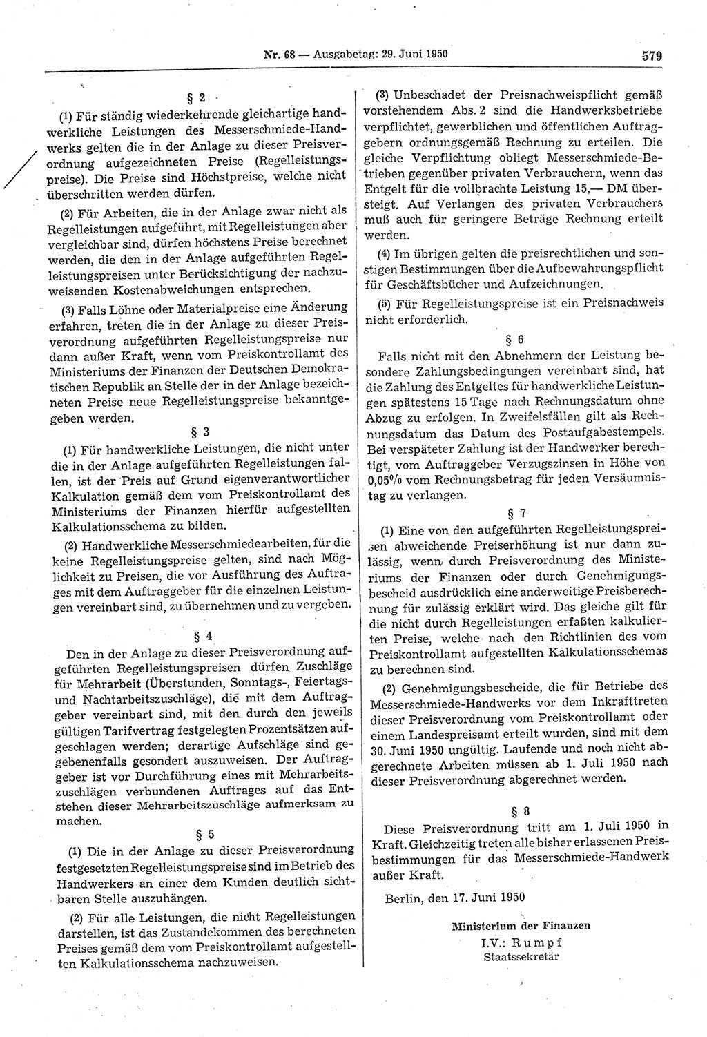 Gesetzblatt (GBl.) der Deutschen Demokratischen Republik (DDR) 1950, Seite 579 (GBl. DDR 1950, S. 579)