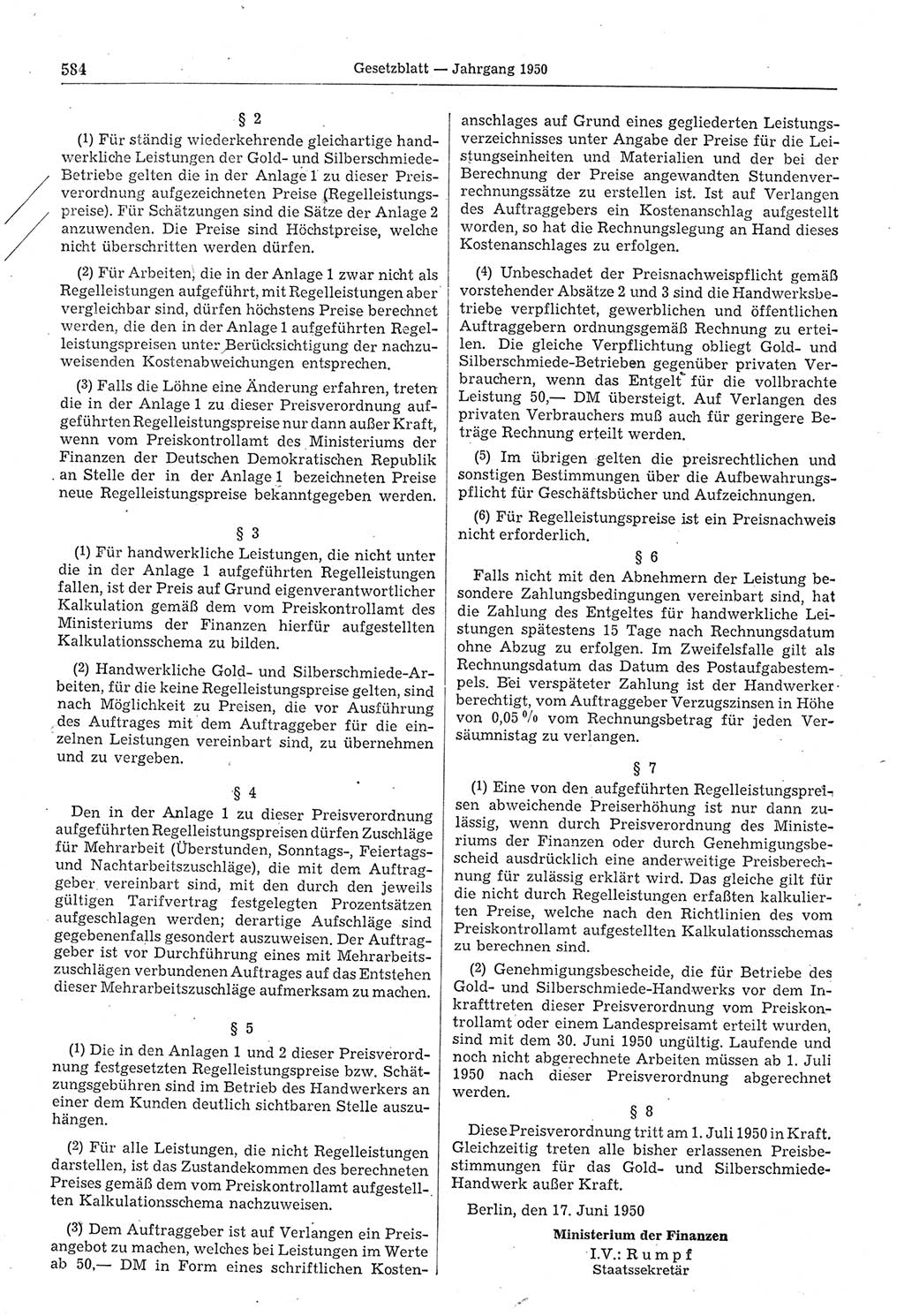 Gesetzblatt (GBl.) der Deutschen Demokratischen Republik (DDR) 1950, Seite 584 (GBl. DDR 1950, S. 584)