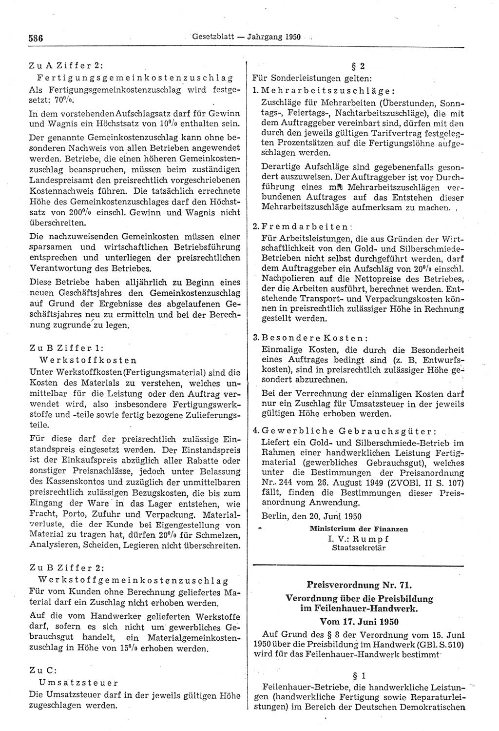 Gesetzblatt (GBl.) der Deutschen Demokratischen Republik (DDR) 1950, Seite 586 (GBl. DDR 1950, S. 586)