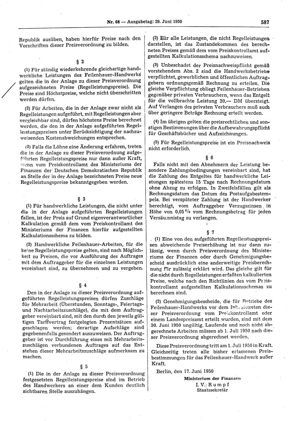 Gesetzblatt (GBl.) der Deutschen Demokratischen Republik (DDR) 1950, Seite 587 (GBl. DDR 1950, S. 587)