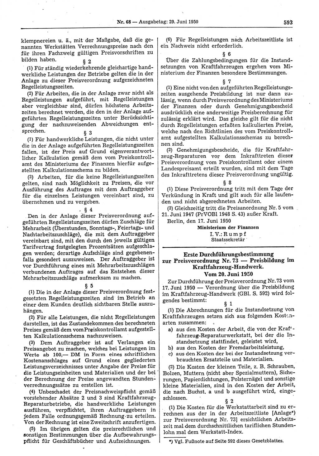 Gesetzblatt (GBl.) der Deutschen Demokratischen Republik (DDR) 1950, Seite 593 (GBl. DDR 1950, S. 593)