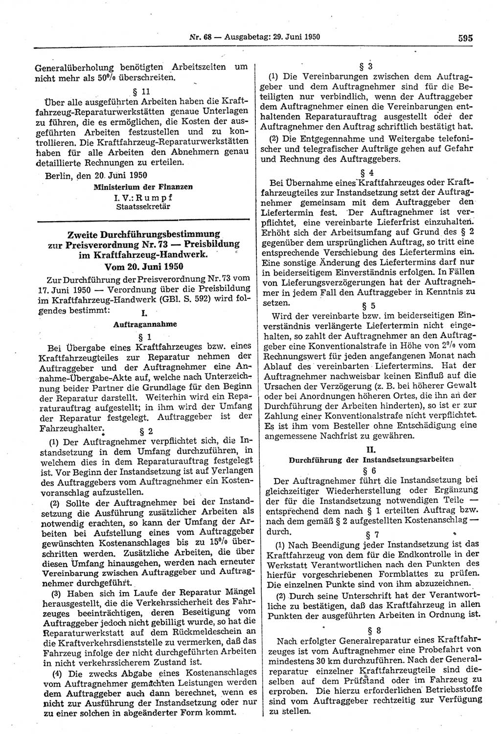 Gesetzblatt (GBl.) der Deutschen Demokratischen Republik (DDR) 1950, Seite 595 (GBl. DDR 1950, S. 595)