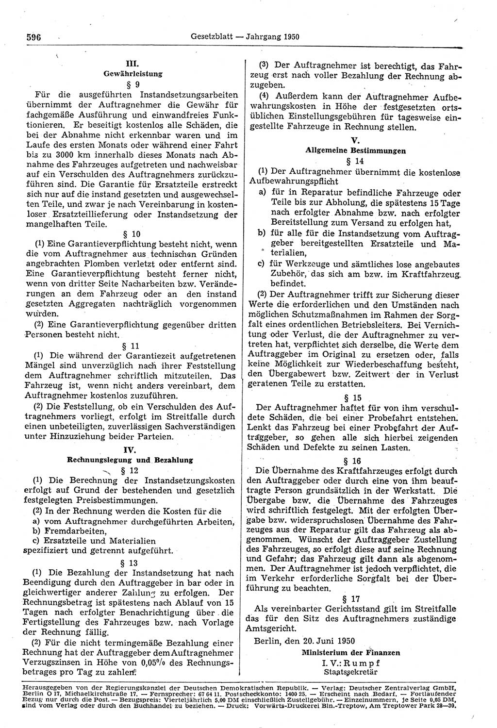 Gesetzblatt (GBl.) der Deutschen Demokratischen Republik (DDR) 1950, Seite 596 (GBl. DDR 1950, S. 596)