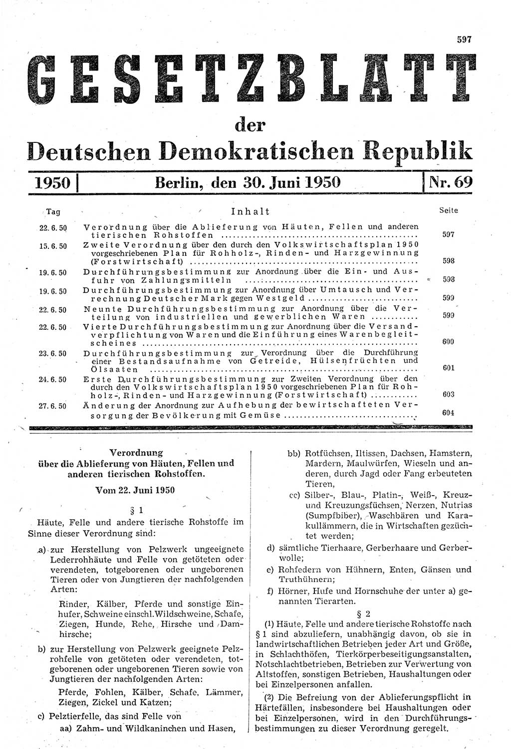 Gesetzblatt (GBl.) der Deutschen Demokratischen Republik (DDR) 1950, Seite 597 (GBl. DDR 1950, S. 597)