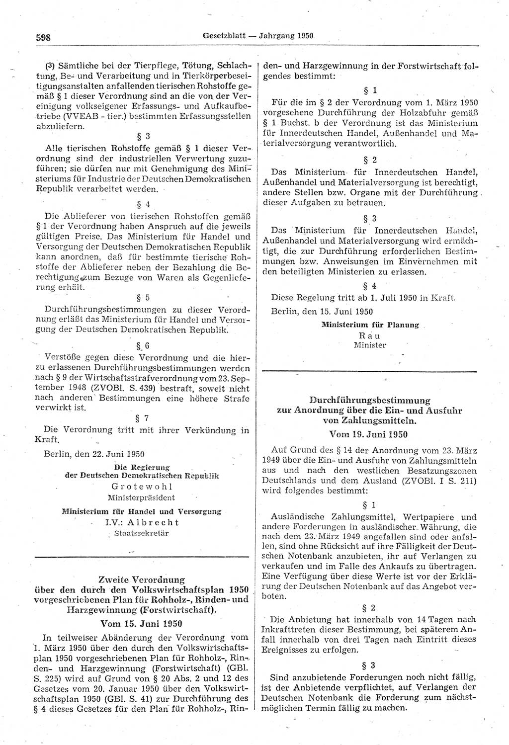 Gesetzblatt (GBl.) der Deutschen Demokratischen Republik (DDR) 1950, Seite 598 (GBl. DDR 1950, S. 598)