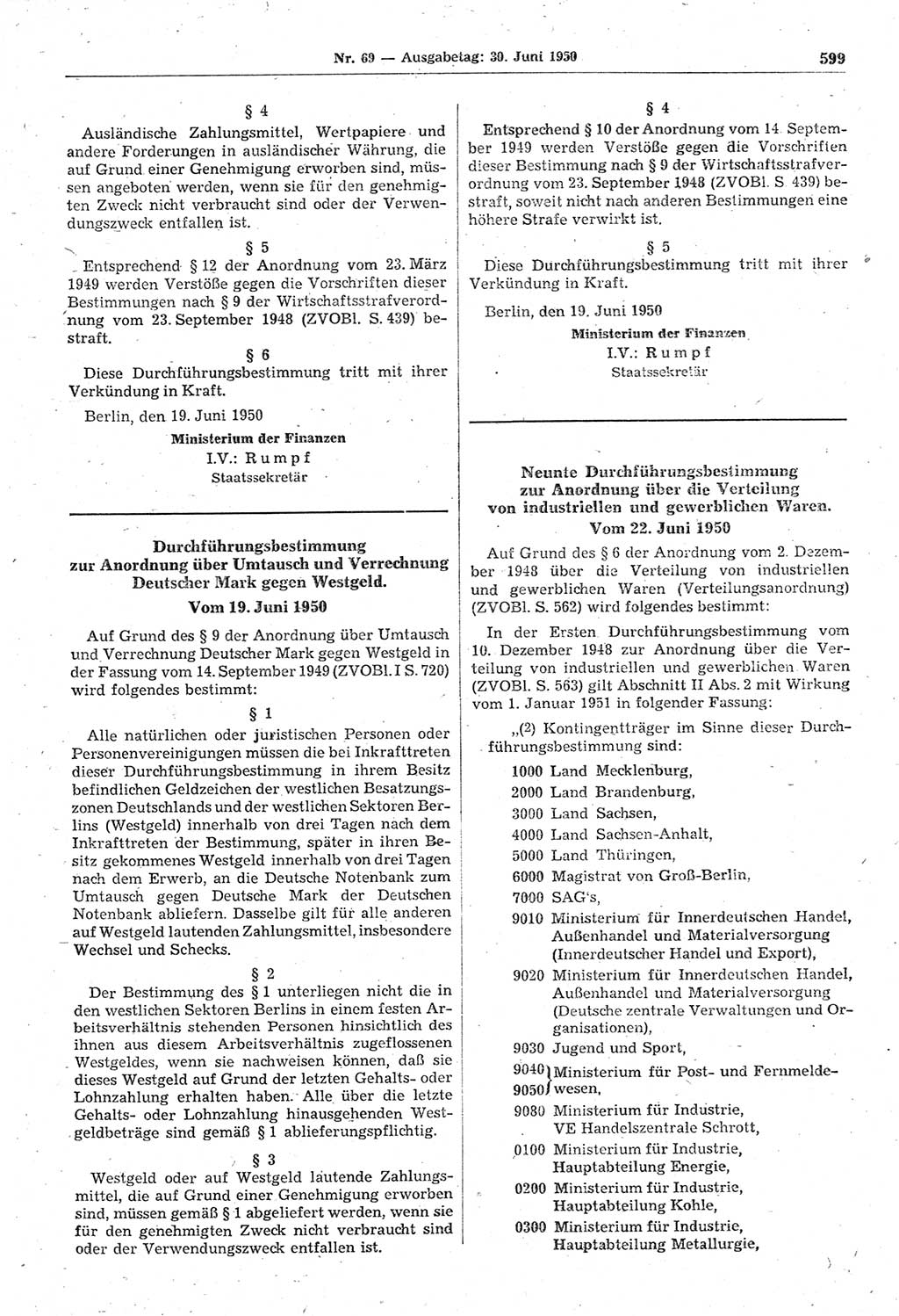 Gesetzblatt (GBl.) der Deutschen Demokratischen Republik (DDR) 1950, Seite 599 (GBl. DDR 1950, S. 599)