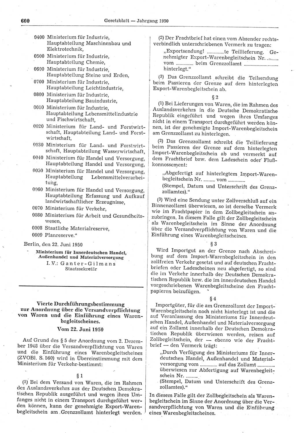 Gesetzblatt (GBl.) der Deutschen Demokratischen Republik (DDR) 1950, Seite 600 (GBl. DDR 1950, S. 600)