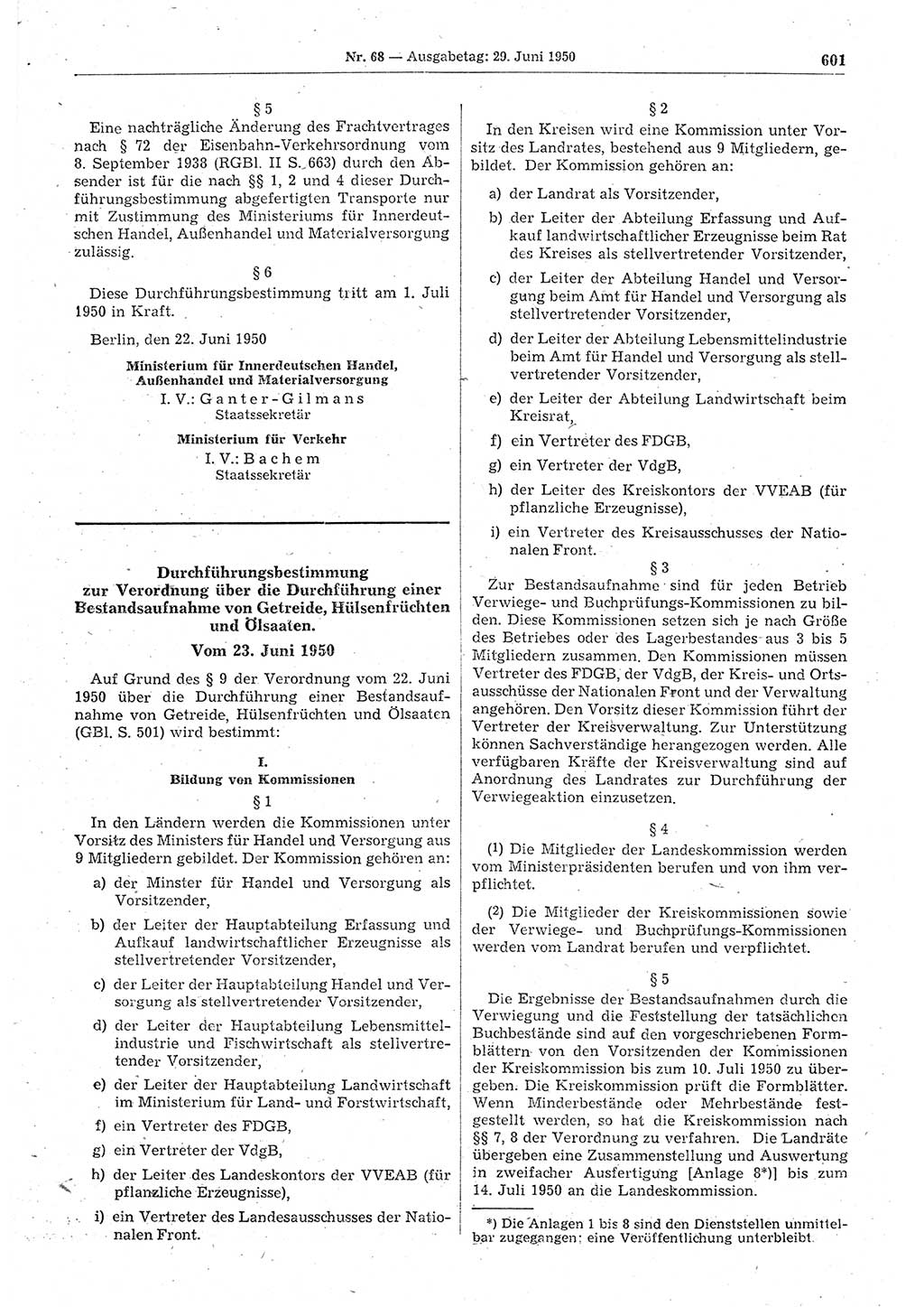 Gesetzblatt (GBl.) der Deutschen Demokratischen Republik (DDR) 1950, Seite 601 (GBl. DDR 1950, S. 601)