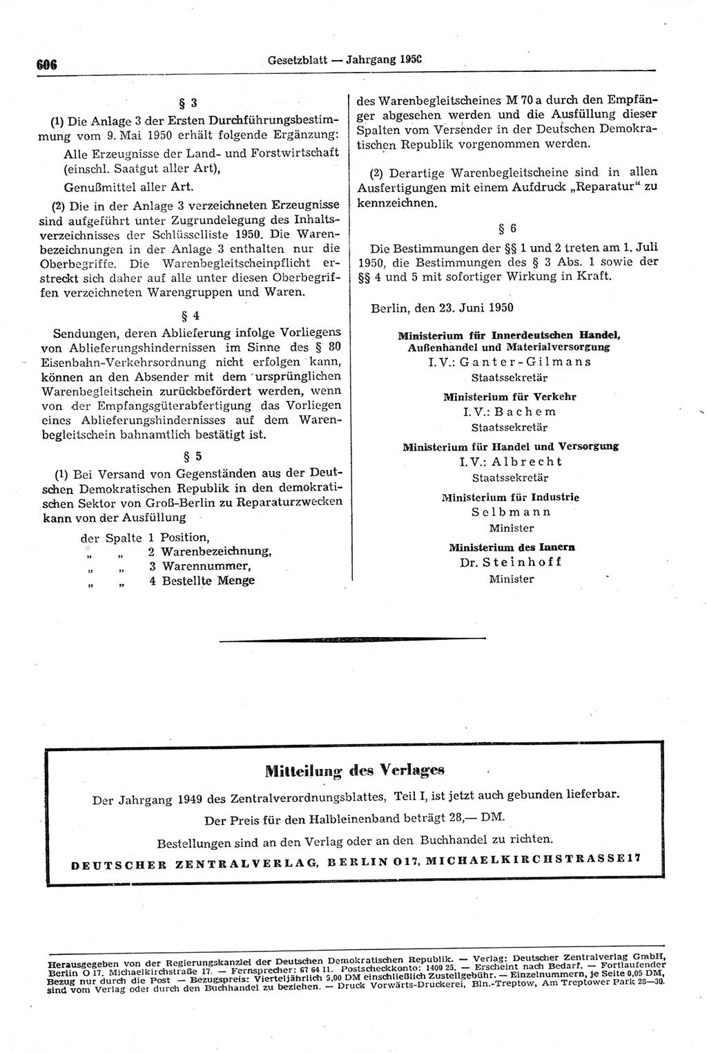 Gesetzblatt (GBl.) der Deutschen Demokratischen Republik (DDR) 1950, Seite 606 (GBl. DDR 1950, S. 606)